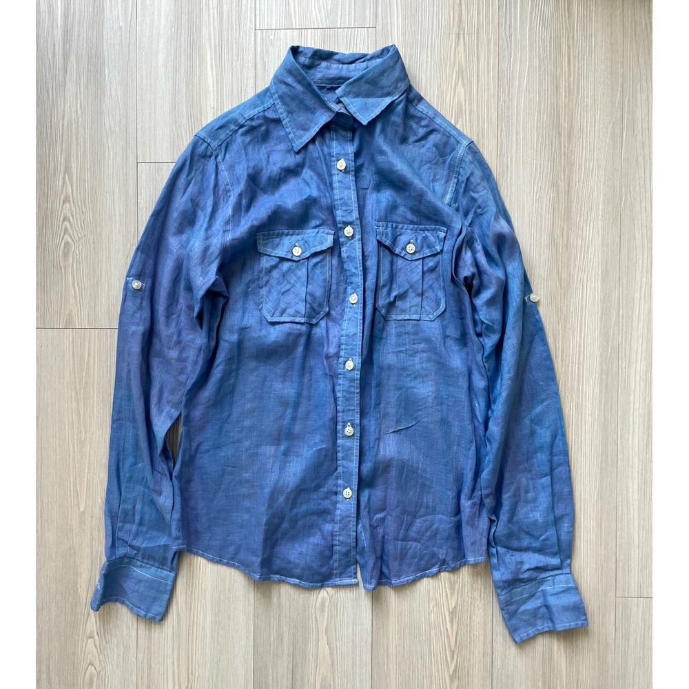 Jachs NY Women's Blue Linen Woven Long Sleeve Button-Up Shirt Sz XS Preppy Work